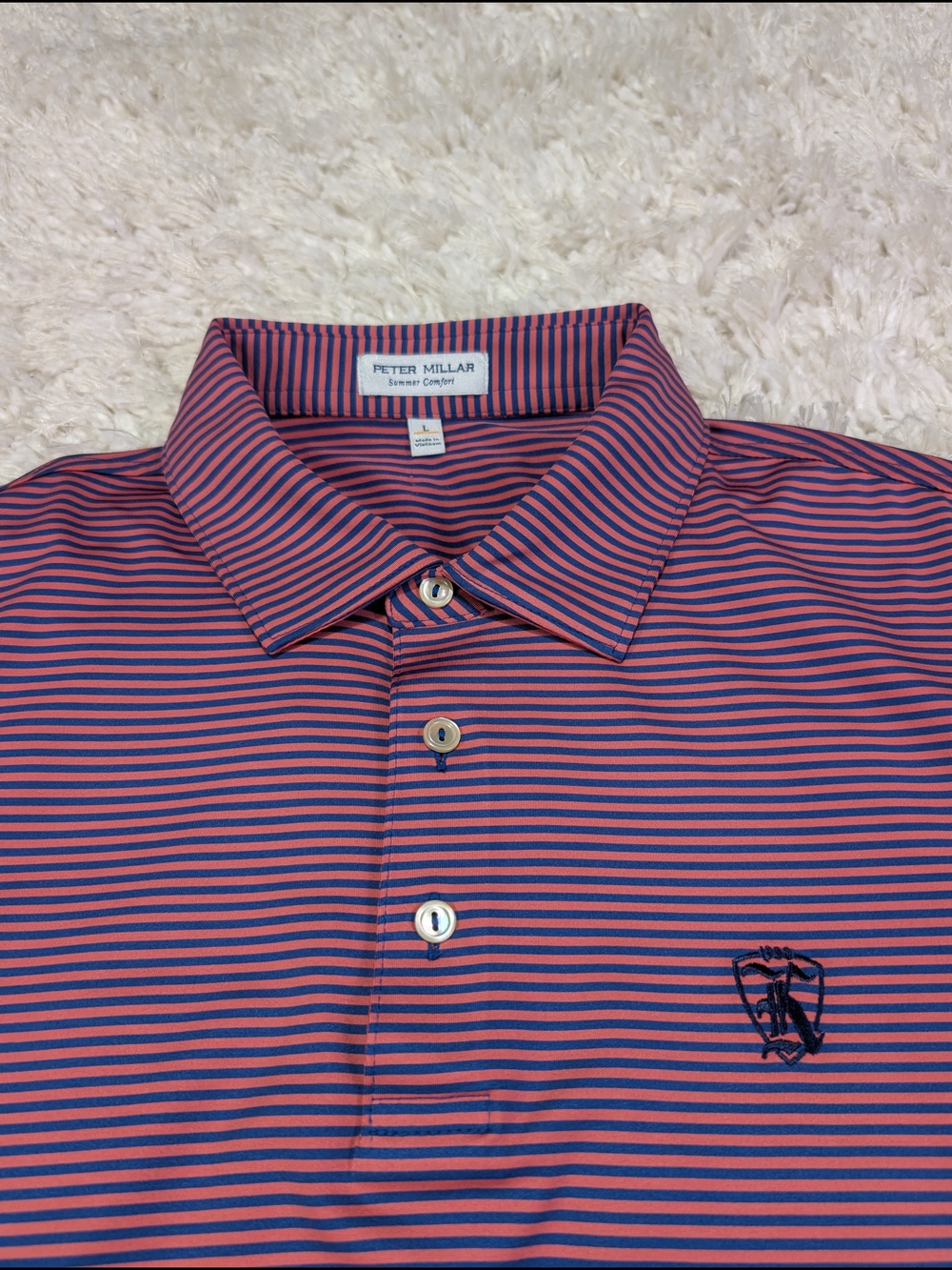 Peter Millar Coral and Navy Thin-Striped Polo